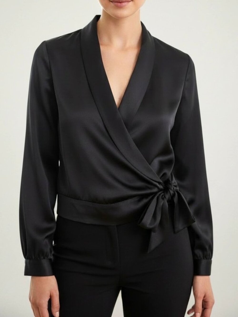 Ann Taylor Black Satin Wrap Tie Blouse Size L Long Sleeve Evening